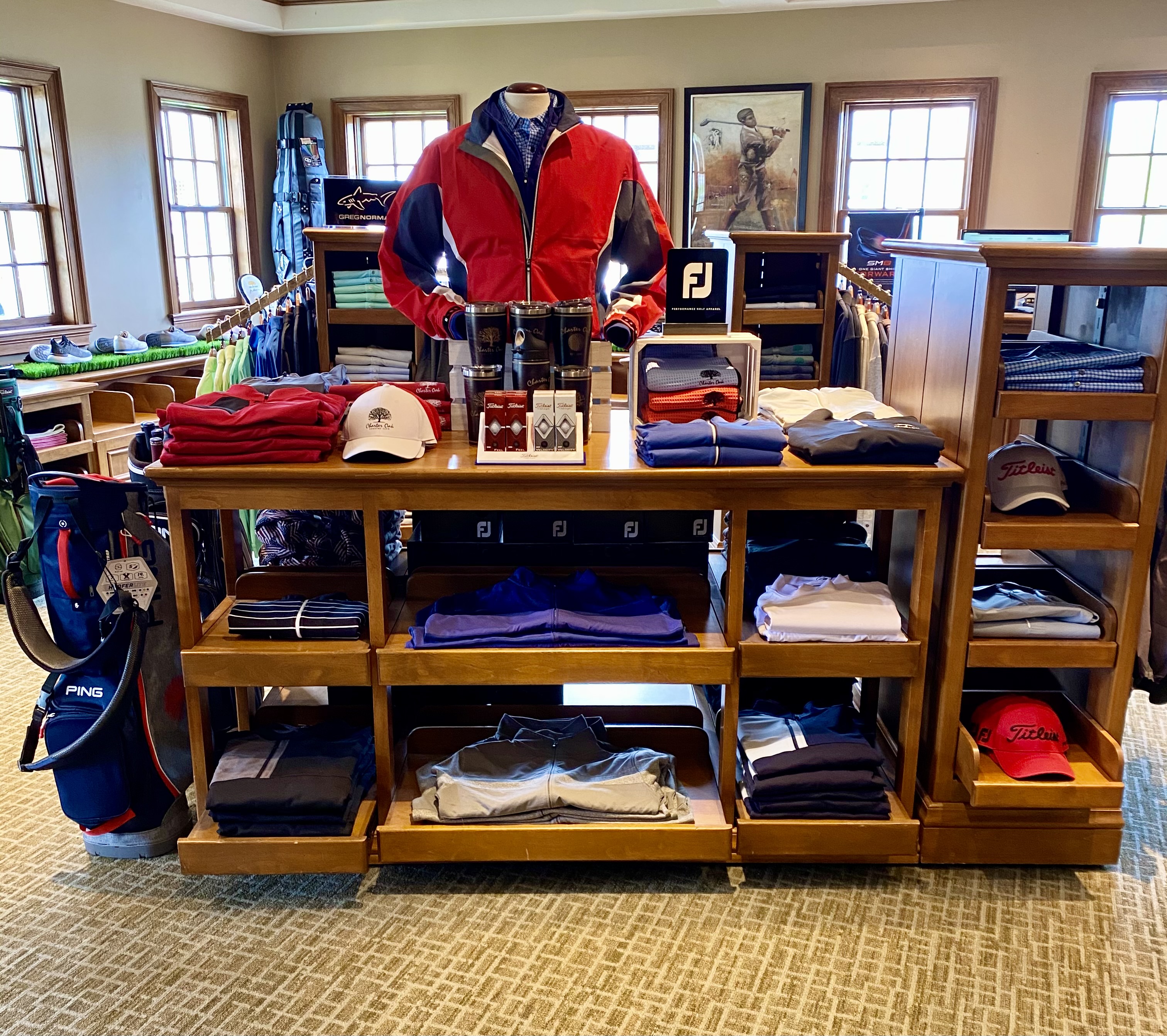 Display of golf apparel in pro shop at Charter Oak Country Clu