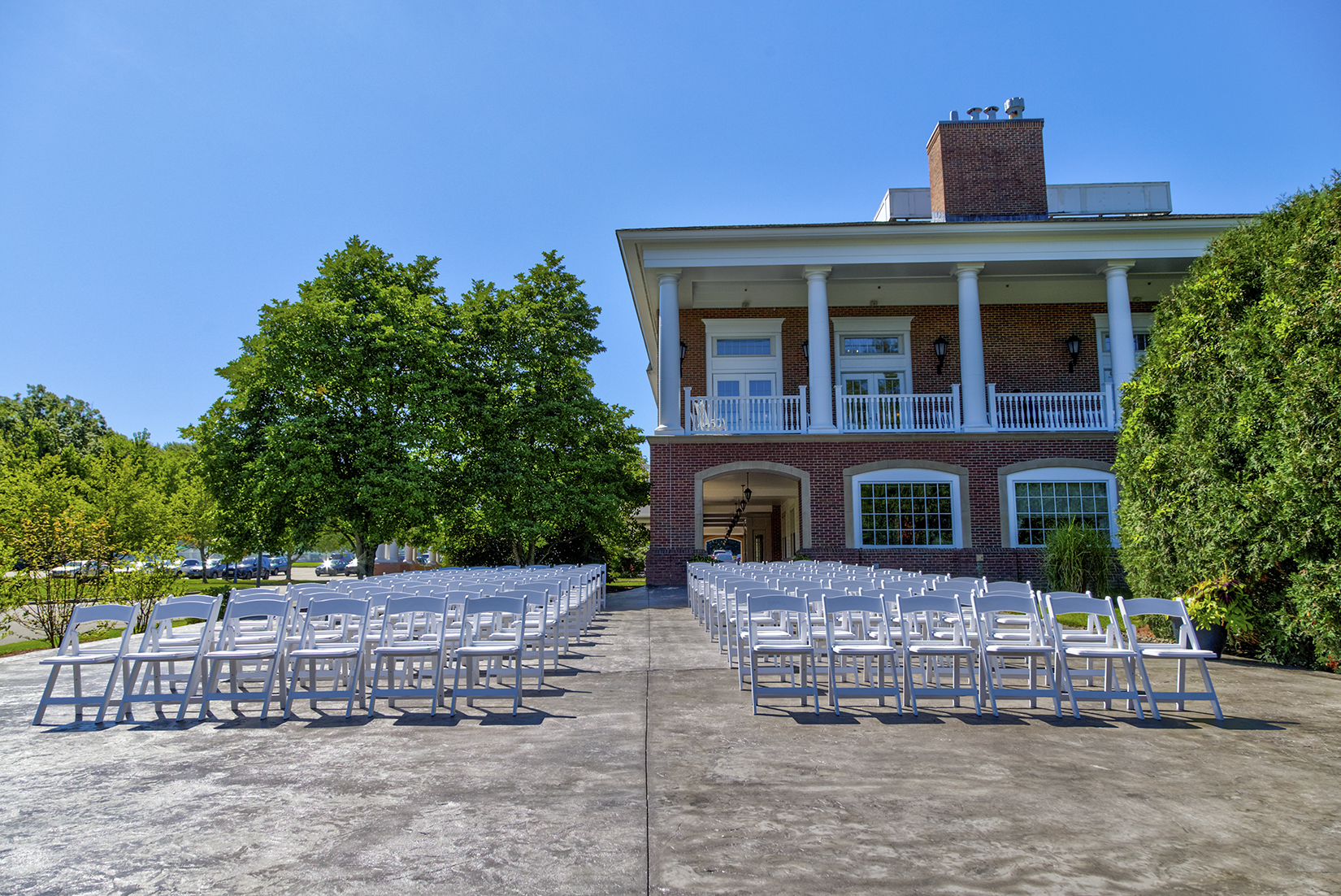 Seating arranged in rows on outdoor terrace